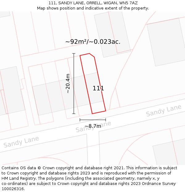 111, SANDY LANE, ORRELL, WIGAN, WN5 7AZ: Plot and title map