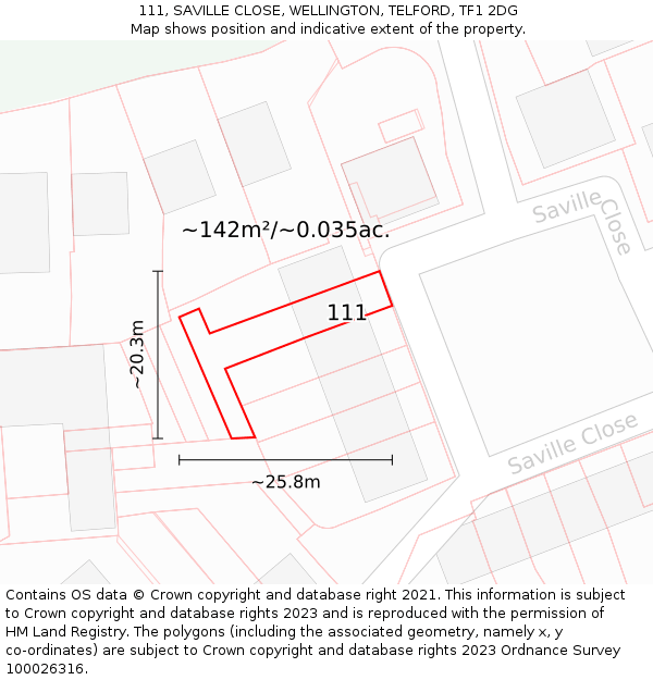 111, SAVILLE CLOSE, WELLINGTON, TELFORD, TF1 2DG: Plot and title map