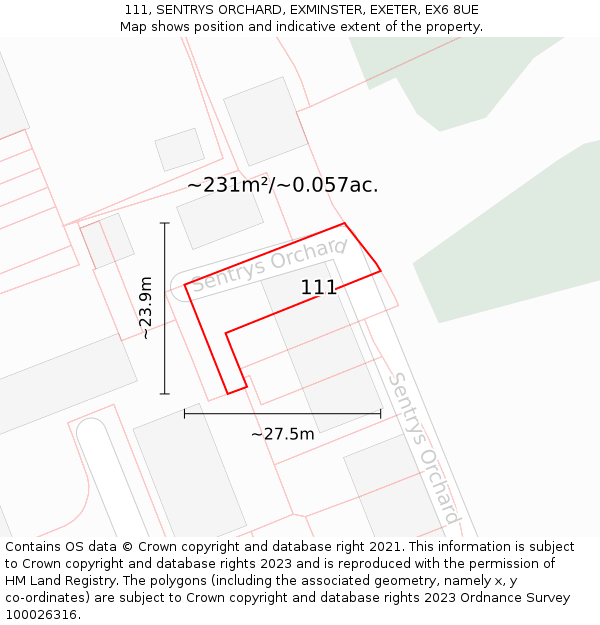 111, SENTRYS ORCHARD, EXMINSTER, EXETER, EX6 8UE: Plot and title map