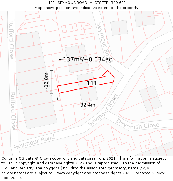 111, SEYMOUR ROAD, ALCESTER, B49 6EF: Plot and title map