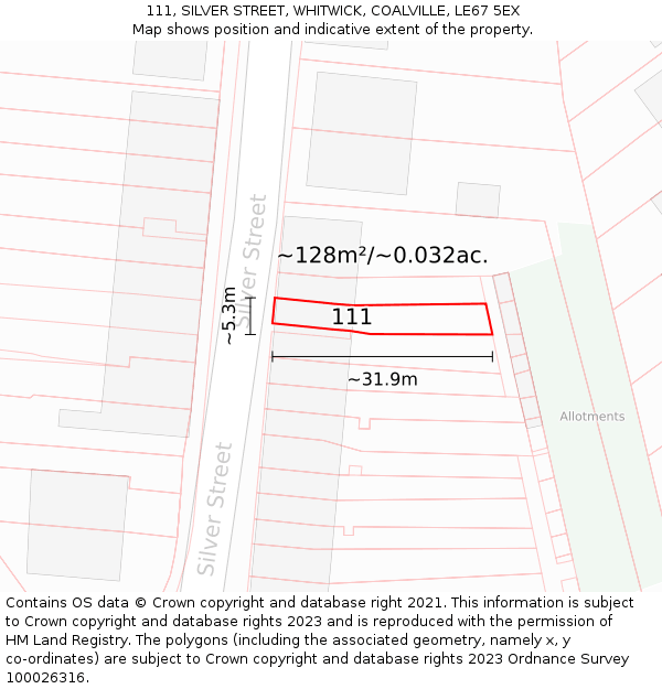 111, SILVER STREET, WHITWICK, COALVILLE, LE67 5EX: Plot and title map