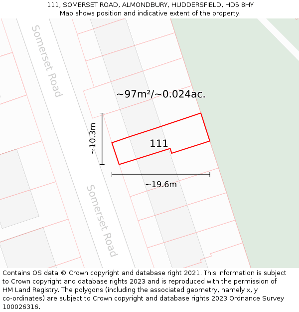 111, SOMERSET ROAD, ALMONDBURY, HUDDERSFIELD, HD5 8HY: Plot and title map