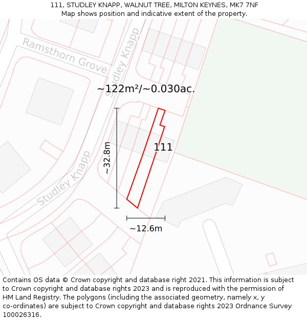 111, STUDLEY KNAPP, WALNUT TREE, MILTON KEYNES, MK7 7NF: Plot and title map