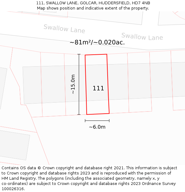 111, SWALLOW LANE, GOLCAR, HUDDERSFIELD, HD7 4NB: Plot and title map
