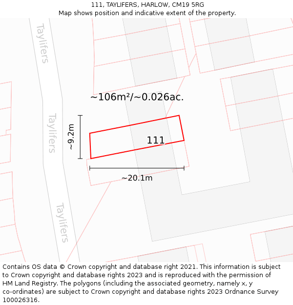 111, TAYLIFERS, HARLOW, CM19 5RG: Plot and title map