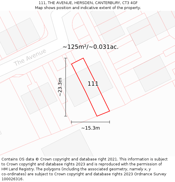 111, THE AVENUE, HERSDEN, CANTERBURY, CT3 4GF: Plot and title map