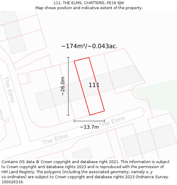 111, THE ELMS, CHATTERIS, PE16 6JW: Plot and title map