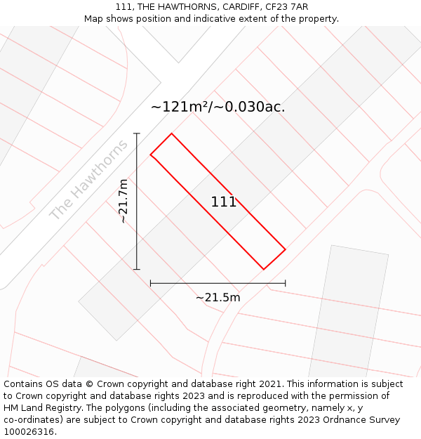 111, THE HAWTHORNS, CARDIFF, CF23 7AR: Plot and title map