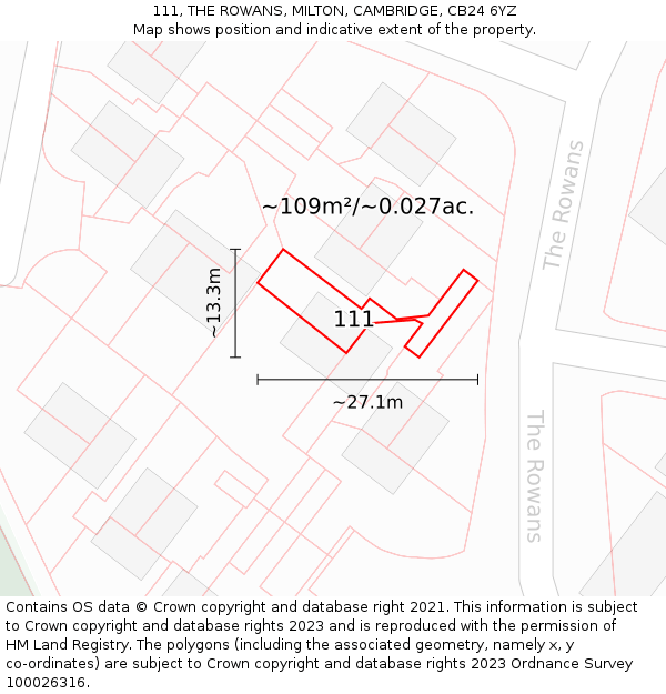 111, THE ROWANS, MILTON, CAMBRIDGE, CB24 6YZ: Plot and title map