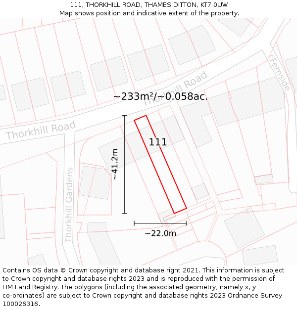 111, THORKHILL ROAD, THAMES DITTON, KT7 0UW: Plot and title map