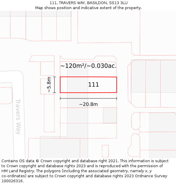 111, TRAVERS WAY, BASILDON, SS13 3LU: Plot and title map