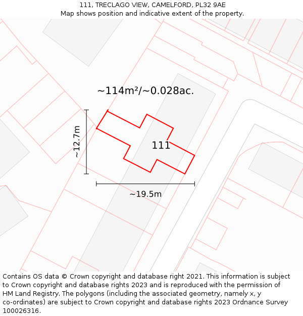 111, TRECLAGO VIEW, CAMELFORD, PL32 9AE: Plot and title map