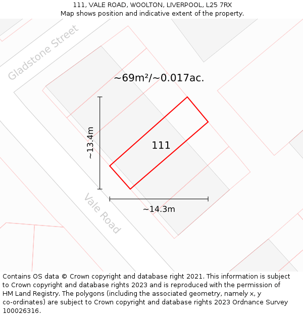 111, VALE ROAD, WOOLTON, LIVERPOOL, L25 7RX: Plot and title map