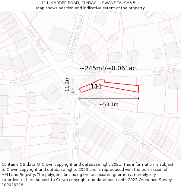 111, VARDRE ROAD, CLYDACH, SWANSEA, SA6 5LU: Plot and title map