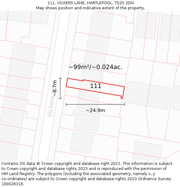 111, VICKERS LANE, HARTLEPOOL, TS25 2DN: Plot and title map