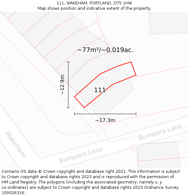 111, WAKEHAM, PORTLAND, DT5 1HW: Plot and title map