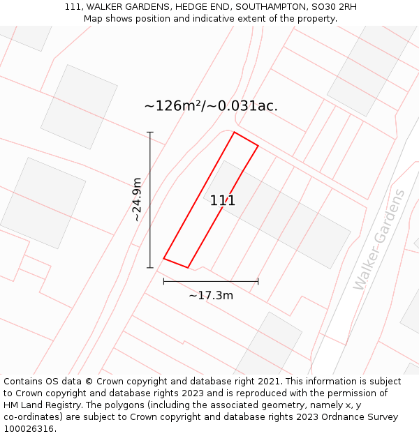 111, WALKER GARDENS, HEDGE END, SOUTHAMPTON, SO30 2RH: Plot and title map