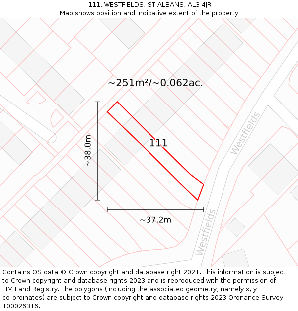 111, WESTFIELDS, ST ALBANS, AL3 4JR: Plot and title map