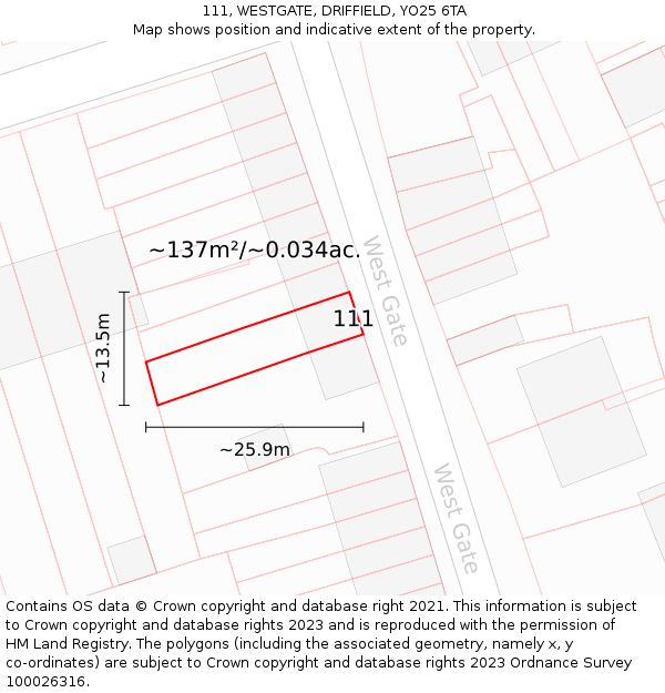 111, WESTGATE, DRIFFIELD, YO25 6TA: Plot and title map