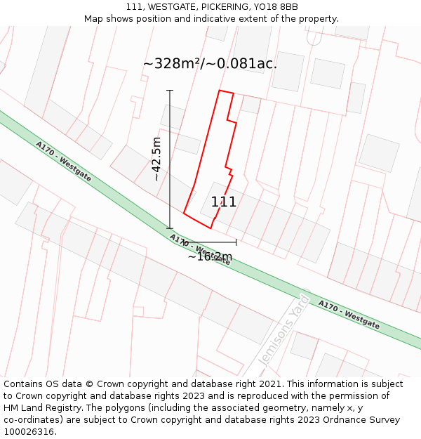 111, WESTGATE, PICKERING, YO18 8BB: Plot and title map
