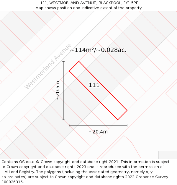 111, WESTMORLAND AVENUE, BLACKPOOL, FY1 5PF: Plot and title map