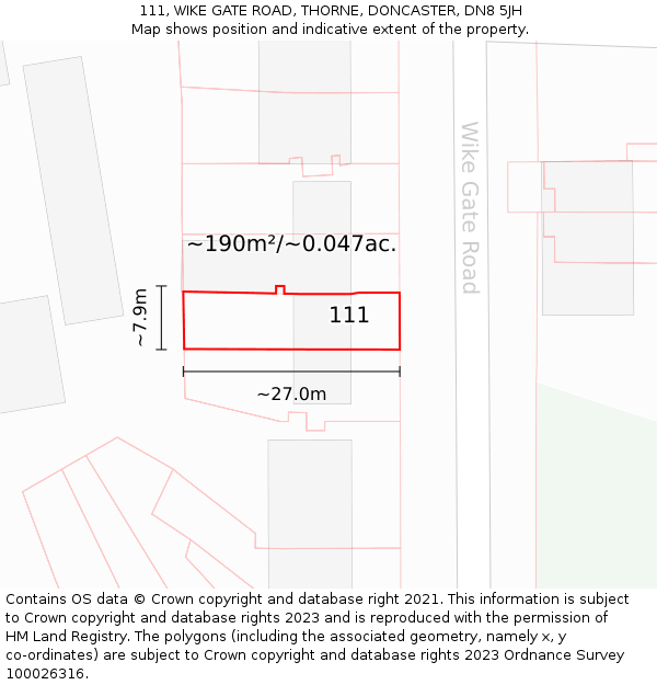111, WIKE GATE ROAD, THORNE, DONCASTER, DN8 5JH: Plot and title map