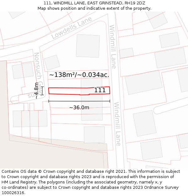 111, WINDMILL LANE, EAST GRINSTEAD, RH19 2DZ: Plot and title map