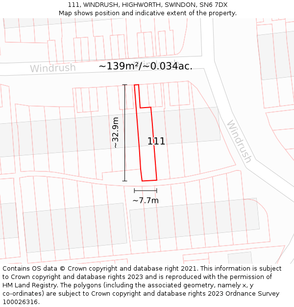 111, WINDRUSH, HIGHWORTH, SWINDON, SN6 7DX: Plot and title map
