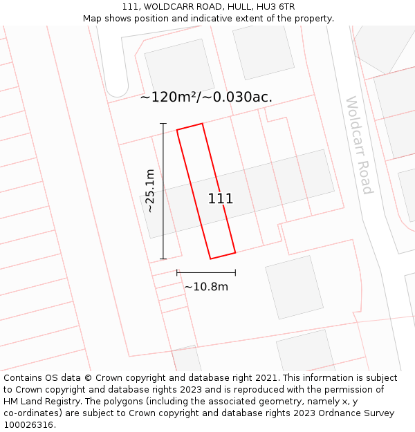 111, WOLDCARR ROAD, HULL, HU3 6TR: Plot and title map