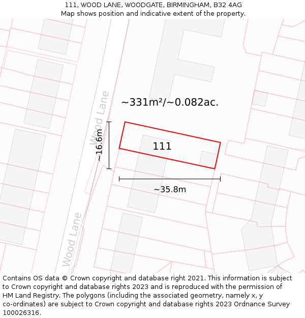 111, WOOD LANE, WOODGATE, BIRMINGHAM, B32 4AG: Plot and title map