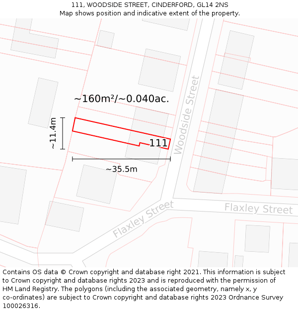 111, WOODSIDE STREET, CINDERFORD, GL14 2NS: Plot and title map
