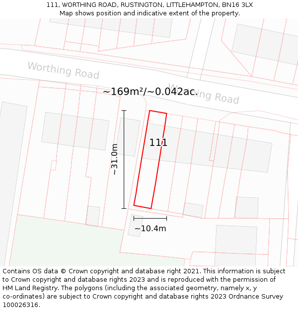 111, WORTHING ROAD, RUSTINGTON, LITTLEHAMPTON, BN16 3LX: Plot and title map