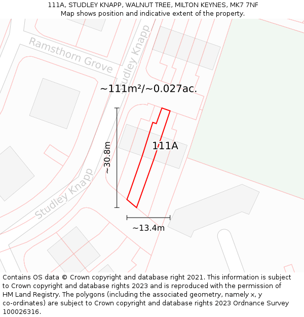 111A, STUDLEY KNAPP, WALNUT TREE, MILTON KEYNES, MK7 7NF: Plot and title map