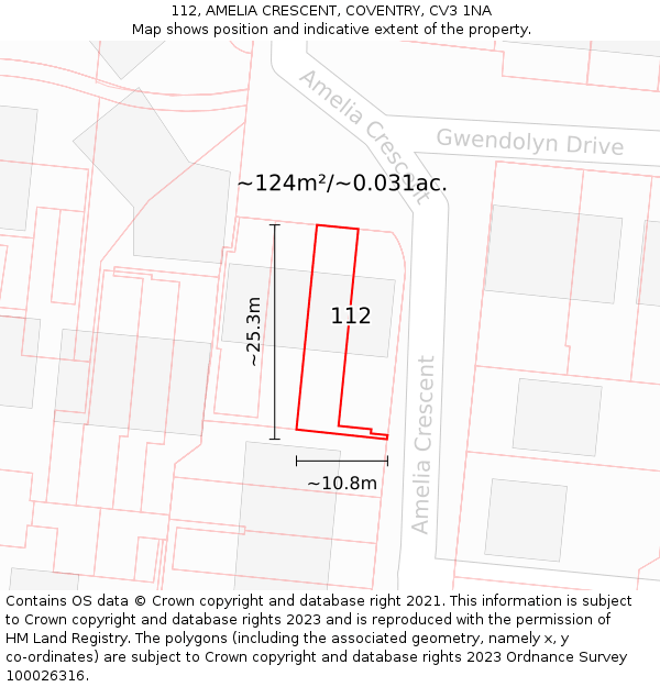 112, AMELIA CRESCENT, COVENTRY, CV3 1NA: Plot and title map