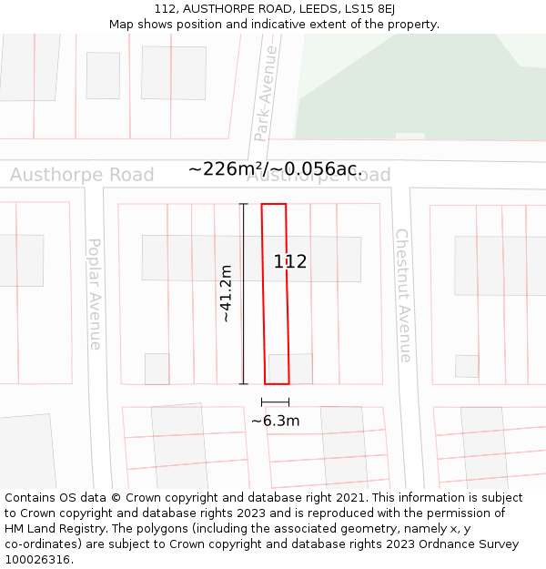 112, AUSTHORPE ROAD, LEEDS, LS15 8EJ: Plot and title map