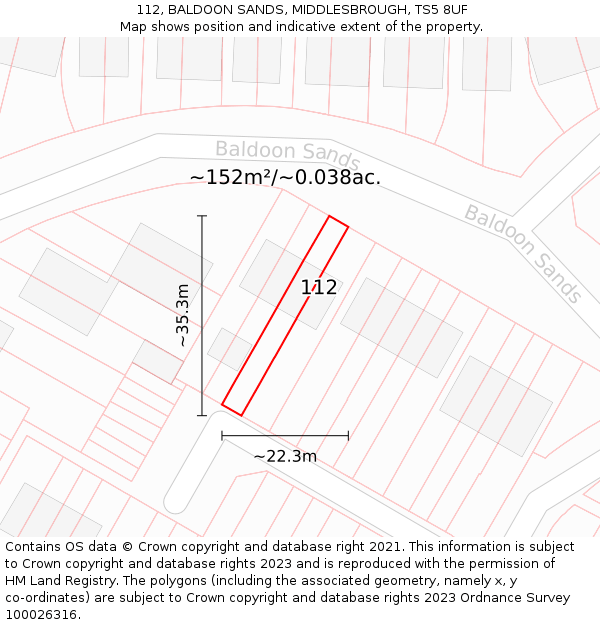 112, BALDOON SANDS, MIDDLESBROUGH, TS5 8UF: Plot and title map