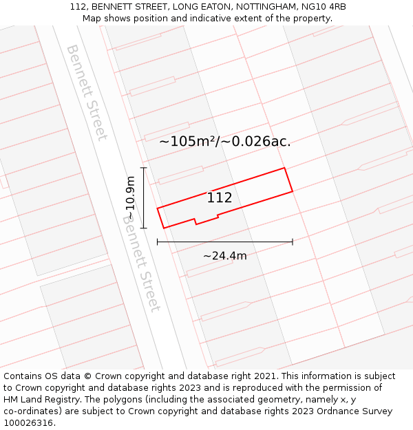 112, BENNETT STREET, LONG EATON, NOTTINGHAM, NG10 4RB: Plot and title map