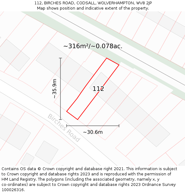 112, BIRCHES ROAD, CODSALL, WOLVERHAMPTON, WV8 2JP: Plot and title map