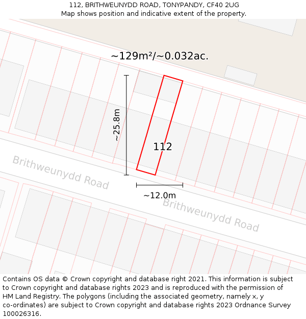 112, BRITHWEUNYDD ROAD, TONYPANDY, CF40 2UG: Plot and title map