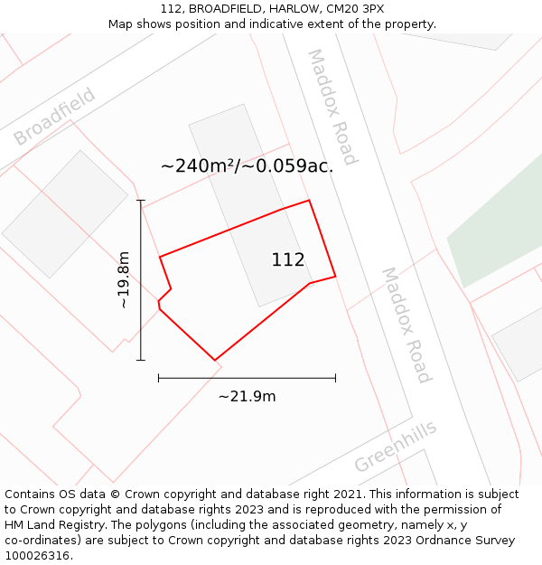 112, BROADFIELD, HARLOW, CM20 3PX: Plot and title map