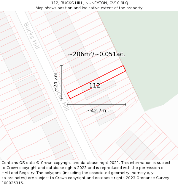 112, BUCKS HILL, NUNEATON, CV10 9LQ: Plot and title map