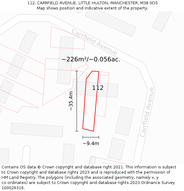 112, CARRFIELD AVENUE, LITTLE HULTON, MANCHESTER, M38 0DS: Plot and title map