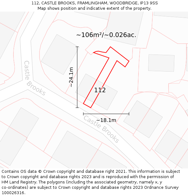 112, CASTLE BROOKS, FRAMLINGHAM, WOODBRIDGE, IP13 9SS: Plot and title map
