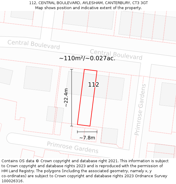112, CENTRAL BOULEVARD, AYLESHAM, CANTERBURY, CT3 3GT: Plot and title map