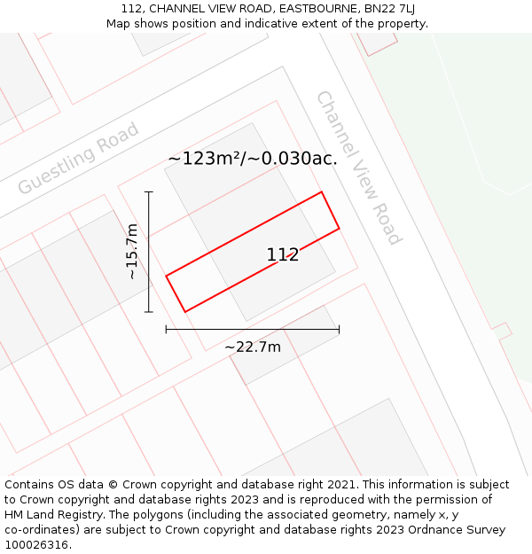 112, CHANNEL VIEW ROAD, EASTBOURNE, BN22 7LJ: Plot and title map