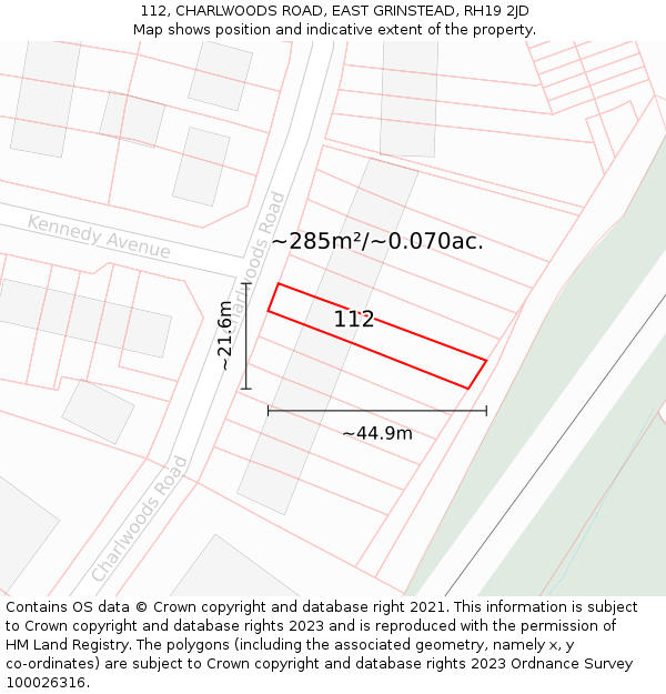 112, CHARLWOODS ROAD, EAST GRINSTEAD, RH19 2JD: Plot and title map