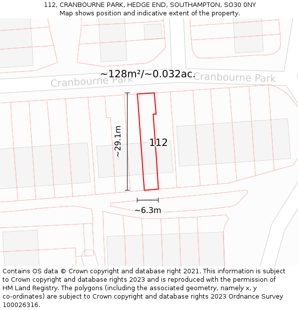 112, CRANBOURNE PARK, HEDGE END, SOUTHAMPTON, SO30 0NY: Plot and title map
