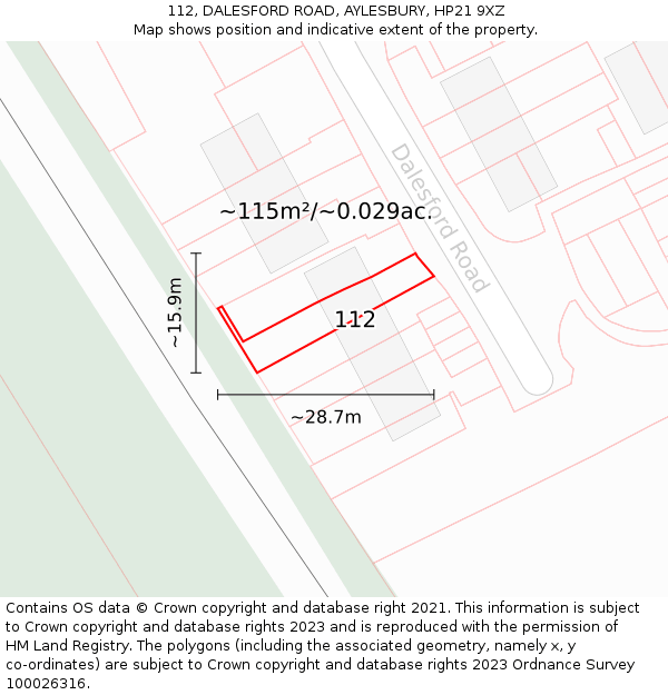 112, DALESFORD ROAD, AYLESBURY, HP21 9XZ: Plot and title map