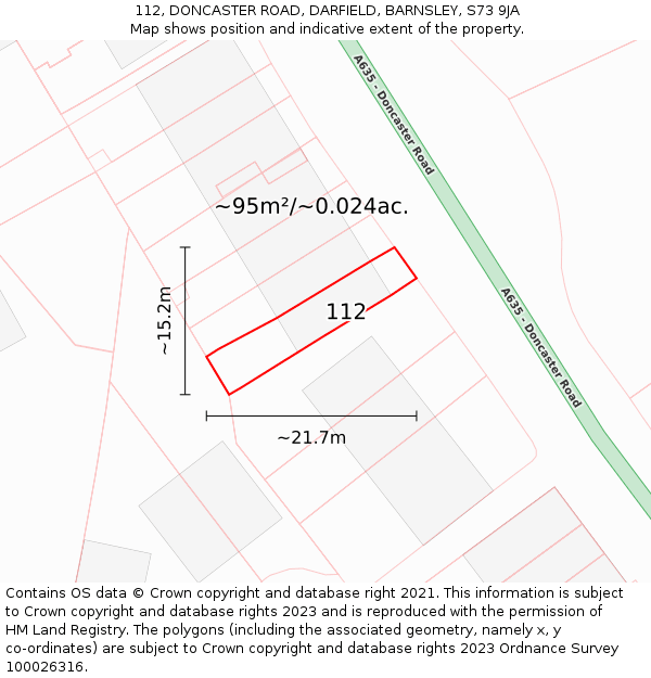 112, DONCASTER ROAD, DARFIELD, BARNSLEY, S73 9JA: Plot and title map