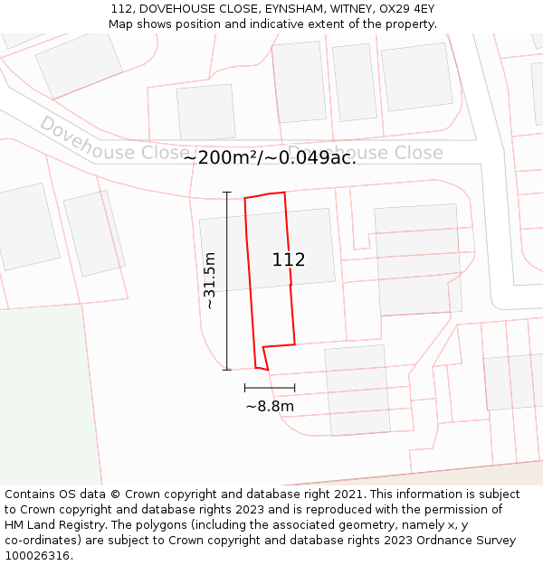 112, DOVEHOUSE CLOSE, EYNSHAM, WITNEY, OX29 4EY: Plot and title map